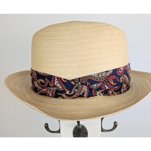 VTG Haband Fedora Hat Medium 22" Natural Straw Blue Paisley Hatband Made in USA - Picture 5 of 9